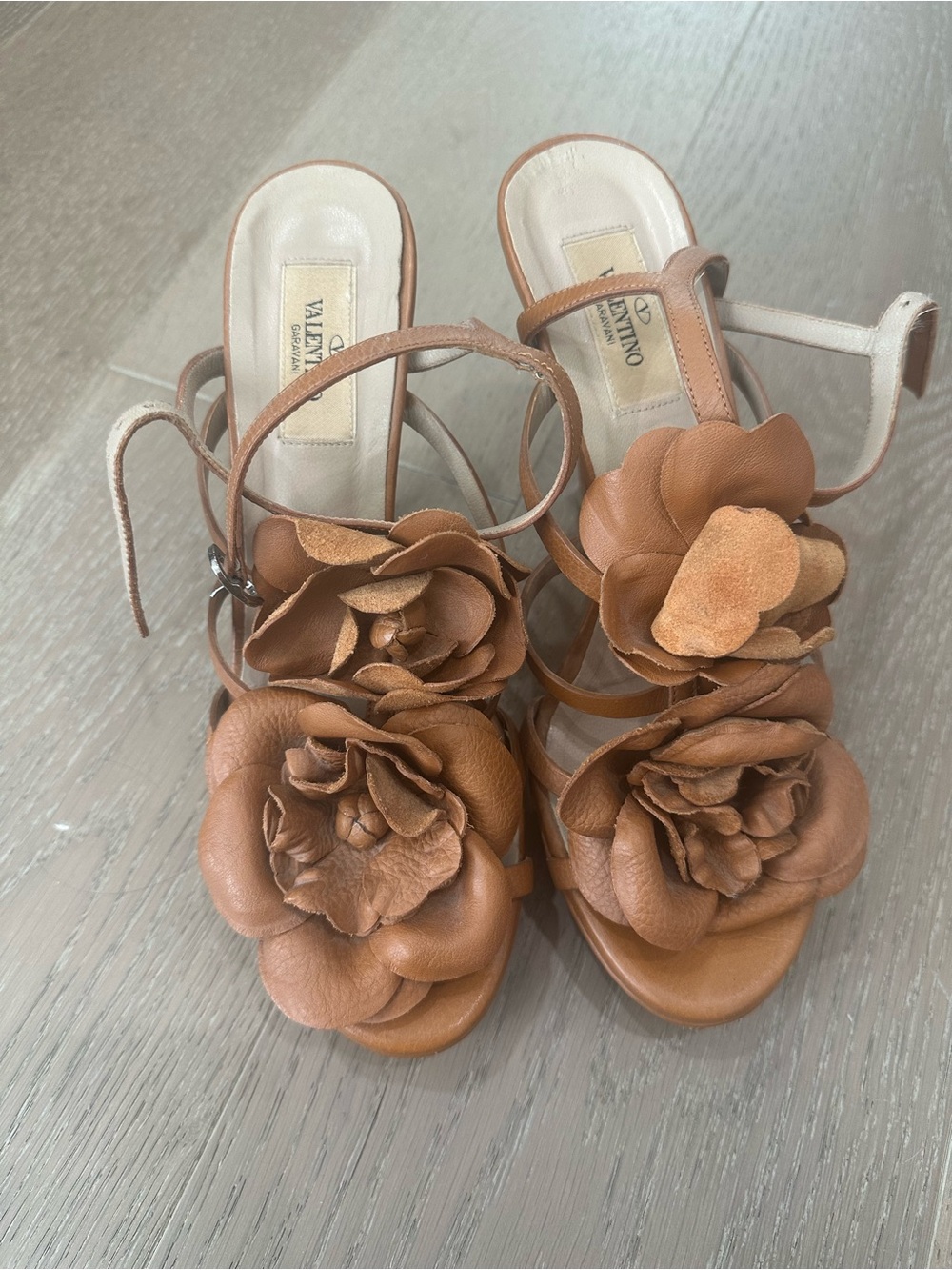 Valentino Garavani Tan Floral Leather Heeled Sandals